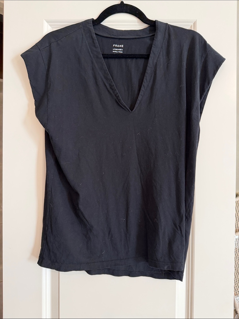Frame Denim Black Deep V-Neck Cap Sleeve Tee size Medium